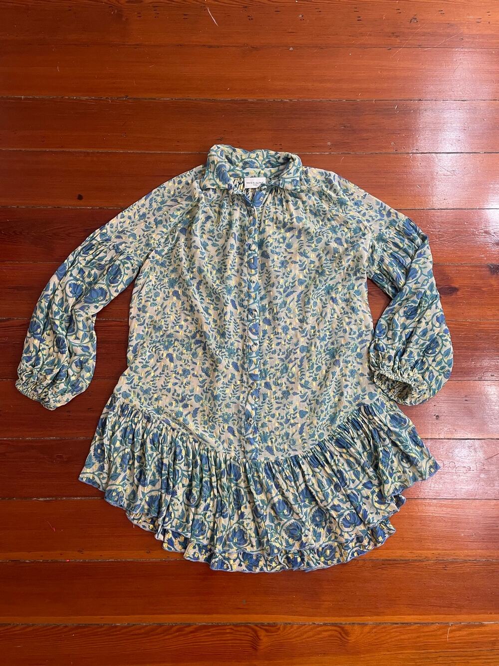 Miss June Medium Paris Metallic Floral Boho Ruffle Shirt Dress Mini Blue Gold